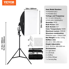 Bostome 24x24in softbox lighting kit with 30W 5500K LED bulbs and adjustable stand.