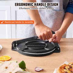 10-inch cast iron tortilla press with ergonomic handle and pre-seasoned non-stick surface.
