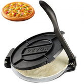 Pre-seasoned 8-inch cast iron tortilla press with ergonomic handle and parchment paper.