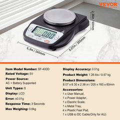 High precision digital lab scale with stainless steel tray and LCD display for easy readability.