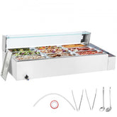 Commercial electric food warmer with 9 x 5Qt pans, glass shield, and serving utensils.