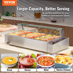 Commercial electric food warmer with 9 x 5Qt pans, glass shield, and stainless steel countertop design.