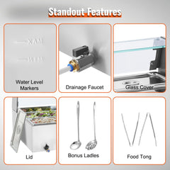 A commercial electric food warmer with water level markers, drainage faucet, glass cover, lid, ladles, and food tongs.