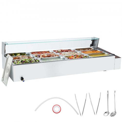 White commercial electric food warmer with 12 glass pans of colorful salads and serving utensils.