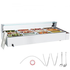 White commercial electric food warmer with 12 glass pans of colorful salads and serving utensils.