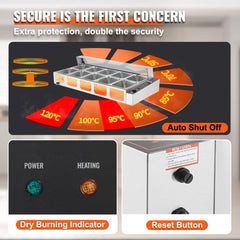 White countertop electric food warmer with 12 compartments, glass shield, temperature controls, and auto shut-off feature.