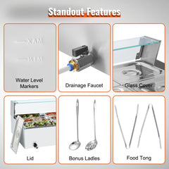 Infographic of Bostome food warmer features: XAM/JEM markers, drainage faucet, glass cover, lid, bonus ladles, food tongs.