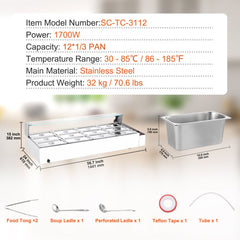 Commercial electric food warmer with 12 stainless steel pans, glass shield, and accessories on countertop.