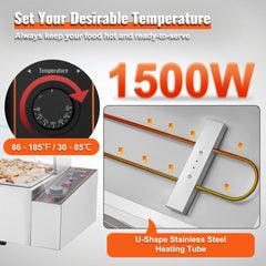 Commercial electric food warmer with 1500W U-shaped stainless steel heating tube, adjustable temperature dial from 86-185°F, and four 8-quart pans.