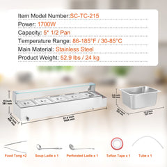Stainless steel electric food warmer with five 8Qt pans and glass shield for buffet service.