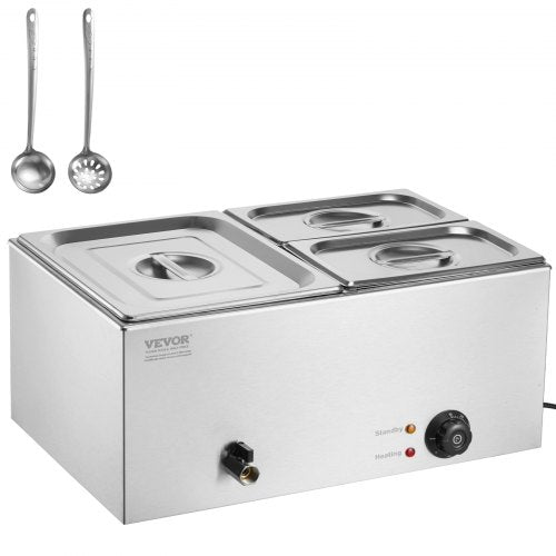 Three-pan electric food warmer with stainless steel construction and adjustable temperature controls.
