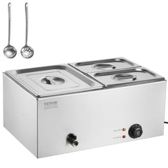 Three-pan countertop electric food warmer with stainless steel construction and adjustable controls.