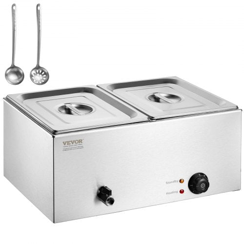 Stainless steel electric food warmer with two 18qt pans and adjustable temperature controls.