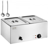Stainless steel electric food warmer with two 18qt pans and adjustable temperature controls.