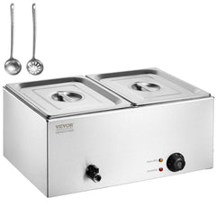 Stainless steel electric food warmer with two 18QT pans and adjustable temperature controls.