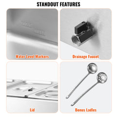 Four-pan electric food warmer with stainless steel construction and adjustable temperature settings.