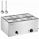 Four-pan countertop food warmer with stainless steel construction and adjustable temperature controls.
