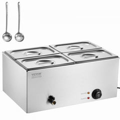 Four-pan countertop food warmer with stainless steel construction and adjustable temperature controls.
