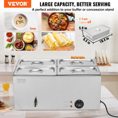 Four-pan electric food warmer with stainless steel construction and adjustable temperature controls.