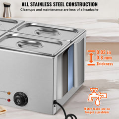 Four-pan electric food warmer with stainless steel construction and adjustable temperature controls.