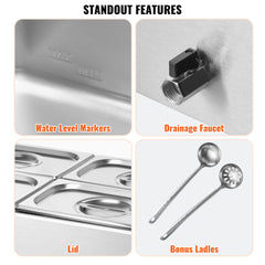 Four-pan electric food warmer with stainless steel construction and adjustable temperature controls.