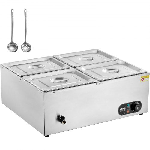 Stainless steel electric bain marie with four 8-quart compartments and two serving ladles.