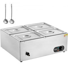 Stainless steel electric bain marie with four 8-quart compartments and two serving ladles.