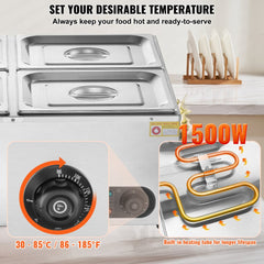 Stainless steel 4-pan commercial bain marie food warmer with 1500W heating and temperature dial.