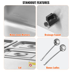 Stainless steel bain marie with water level markers, drain faucet, lid, and bonus ladles.
