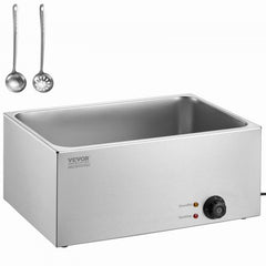 Stainless steel 19qt electric bain marie food warmer with ladles and controls.
