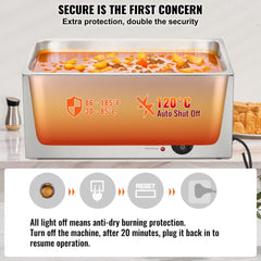 Stainless steel 19Qt electric food warmer with visible soup and temperature safety labels.