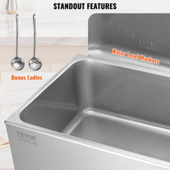 Stainless steel 19qt electric bain marie food warmer with water level markers and bonus ladles.