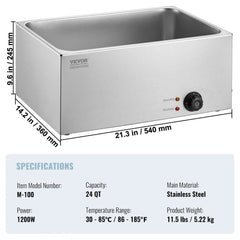 Stainless steel 19Qt commercial electric food warmer with 1200W power and temperature controls.