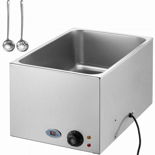 Stainless steel 19Qt electric food warmer with adjustable temperature controls and drain valve.