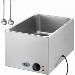 Stainless steel 19Qt electric food warmer with adjustable temperature controls and drain valve.