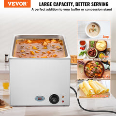 Stainless steel 19Qt electric food warmer with adjustable temperature controls and drain valve.