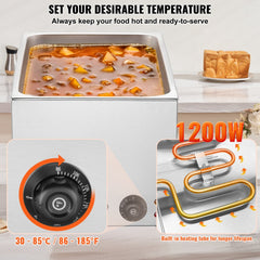 Stainless steel 19Qt electric food warmer with adjustable temperature controls and drain valve.