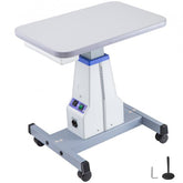 Motorized optical instrument table with adjustable height from 24.8 to 31.9 inches, white top, and locking casters.