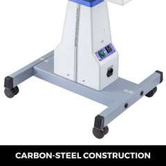 Motorized optical instrument table with adjustable height from 24.8 to 31.9 inches and carbon-steel construction.