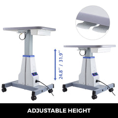 Motorized optical instrument table with adjustable height from 24.8 to 31.9 inches, gray frame, drawer, power outlets, and locking casters.