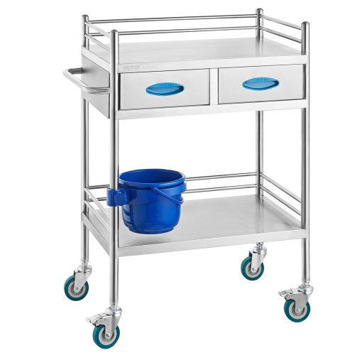Stainless steel lab serving cart with two layers, two drawers, blue bucket, and lockable wheels.