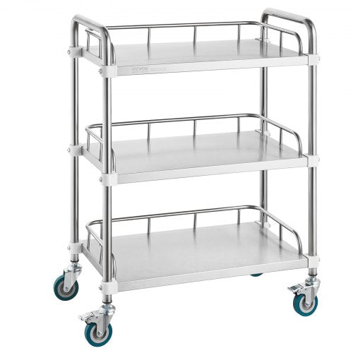 Stainless steel lab cart with three shelves, guardrails, and four wheels for easy mobility.