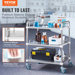 Three-tier stainless steel lab cart with guardrails and four wheels for easy mobility.