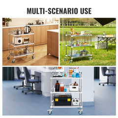 Three-shelf stainless steel lab cart with guardrails and four wheels for easy mobility.