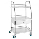 Three-layer stainless steel lab serving cart with lockable wheels and a large drawer.