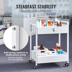 White 2-tier stainless steel lab cart with locking drawers, casters, and lab equipment on shelves.