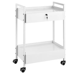 White 2-tier stainless steel lab cart with locking drawers and casters.