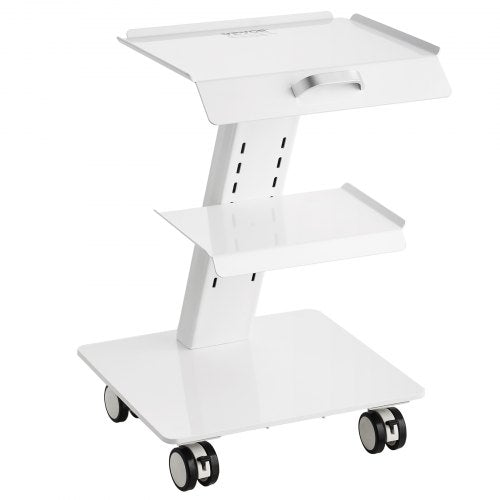White 3-tier stainless steel lab trolley with locking wheels and shelves.