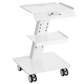 White 3-tier stainless steel lab trolley with locking wheels and shelves.
