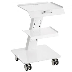 White 3-tier stainless steel lab trolley with locking wheels and shelves.